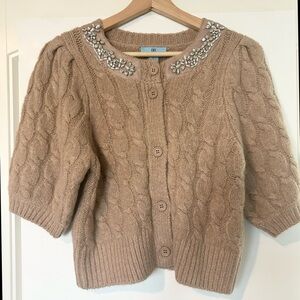 CeCe Tan Embellished Cable Knit Cardigan